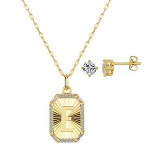 Unwritten Cubic Zirconia Initial Pendant Necklace Stud Earring Set Gold E